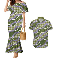 Green Hawaii Palaka Honohono Pikake Couples Matching Mermaid Dress and Hawaiian Shirt Hawaiian Orchid Lei Polynesian Pattern - Polynesian Pride