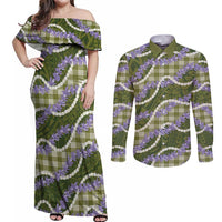 Green Hawaii Palaka Honohono Pikake Couples Matching Off Shoulder Maxi Dress and Long Sleeve Button Shirt Hawaiian Orchid Lei Polynesian Pattern - Polynesian Pride