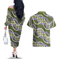 Green Hawaii Palaka Honohono Pikake Couples Matching Off The Shoulder Long Sleeve Dress and Hawaiian Shirt Hawaiian Orchid Lei Polynesian Pattern LT14 - Polynesian Pride