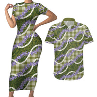 Green Hawaii Palaka Honohono Pikake Couples Matching Short Sleeve Bodycon Dress and Hawaiian Shirt Hawaiian Orchid Lei Polynesian Pattern - Polynesian Pride