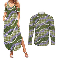 Green Hawaii Palaka Honohono Pikake Couples Matching Summer Maxi Dress and Long Sleeve Button Shirt Hawaiian Orchid Lei Polynesian Pattern LT14 Green - Polynesian Pride
