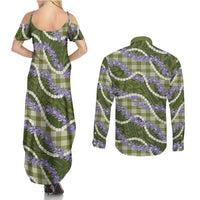 Green Hawaii Palaka Honohono Pikake Couples Matching Summer Maxi Dress and Long Sleeve Button Shirt Hawaiian Orchid Lei Polynesian Pattern LT14 - Polynesian Pride