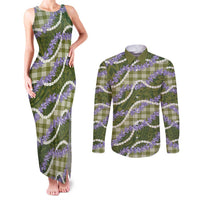 Green Hawaii Palaka Honohono Pikake Couples Matching Tank Maxi Dress and Long Sleeve Button Shirt Hawaiian Orchid Lei Polynesian Pattern - Polynesian Pride
