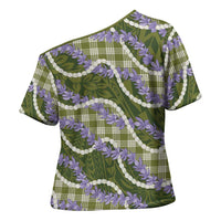 Green Hawaii Palaka Honohono Pikake Cross Shoulder Shirt Hawaiian Orchid Lei Polynesian Pattern LT14 - Polynesian Pride