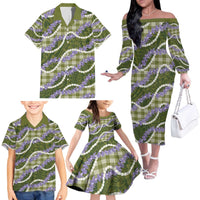 Green Hawaii Palaka Honohono Pikake Family Matching Off The Shoulder Long Sleeve Dress and Hawaiian Shirt Hawaiian Orchid Lei Polynesian Pattern - Polynesian Pride