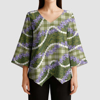 Green Hawaii Palaka Honohono Pikake Kimono Sleeve Blouse Hawaiian Orchid Lei Polynesian Pattern - Polynesian Pride