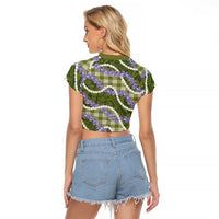 Green Hawaii Palaka Honohono Pikake Raglan Cropped T Shirt Hawaiian Orchid Lei Polynesian Pattern LT14 - Polynesian Pride