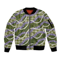 Green Hawaii Palaka Honohono Pikake Sleeve Zip Bomber Jacket Hawaiian Orchid Lei Polynesian Pattern - Polynesian Pride