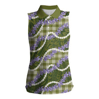 Green Hawaii Palaka Honohono Pikake Women Sleeveless Polo Shirt Hawaiian Orchid Lei Polynesian Pattern - Polynesian Pride