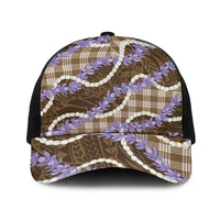 Brown Hawaii Palaka Honohono Pikake Baseball Net Cap Hawaiian Orchid Lei Polynesian Pattern - Polynesian Pride