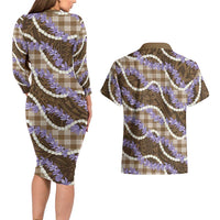 Brown Hawaii Palaka Honohono Pikake Couples Matching Long Sleeve Bodycon Dress and Hawaiian Shirt Hawaiian Orchid Lei Polynesian Pattern - Polynesian Pride
