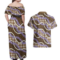 Brown Hawaii Palaka Honohono Pikake Couples Matching Off Shoulder Maxi Dress and Hawaiian Shirt Hawaiian Orchid Lei Polynesian Pattern - Polynesian Pride