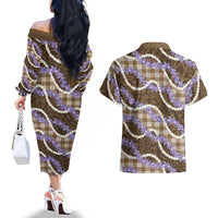 Brown Hawaii Palaka Honohono Pikake Couples Matching Off The Shoulder Long Sleeve Dress and Hawaiian Shirt Hawaiian Orchid Lei Polynesian Pattern - Polynesian Pride
