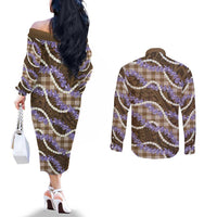 Brown Hawaii Palaka Honohono Pikake Couples Matching Off The Shoulder Long Sleeve Dress and Long Sleeve Button Shirt Hawaiian Orchid Lei Polynesian Pattern - Polynesian Pride