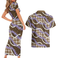 Brown Hawaii Palaka Honohono Pikake Couples Matching Short Sleeve Bodycon Dress and Hawaiian Shirt Hawaiian Orchid Lei Polynesian Pattern LT14 - Polynesian Pride