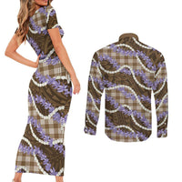 Brown Hawaii Palaka Honohono Pikake Couples Matching Short Sleeve Bodycon Dress and Long Sleeve Button Shirt Hawaiian Orchid Lei Polynesian Pattern - Polynesian Pride