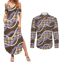 Brown Hawaii Palaka Honohono Pikake Couples Matching Summer Maxi Dress and Long Sleeve Button Shirt Hawaiian Orchid Lei Polynesian Pattern LT14 Brown - Polynesian Pride