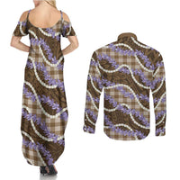 Brown Hawaii Palaka Honohono Pikake Couples Matching Summer Maxi Dress and Long Sleeve Button Shirt Hawaiian Orchid Lei Polynesian Pattern LT14 - Polynesian Pride