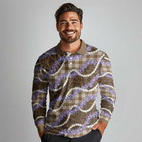 Brown Hawaii Palaka Honohono Pikake Long Sleeve Polo Shirt Hawaiian Orchid Lei Polynesian Pattern - Polynesian Pride