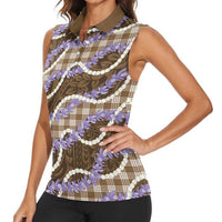 Brown Hawaii Palaka Honohono Pikake Women Sleeveless Polo Shirt Hawaiian Orchid Lei Polynesian Pattern - Polynesian Pride