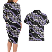 Black Hawaii Palaka Honohono Pikake Couples Matching Long Sleeve Bodycon Dress and Hawaiian Shirt Hawaiian Orchid Lei Polynesian Pattern - Polynesian Pride