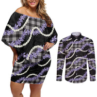 Black Hawaii Palaka Honohono Pikake Couples Matching Off Shoulder Short Dress and Long Sleeve Button Shirt Hawaiian Orchid Lei Polynesian Pattern - Polynesian Pride
