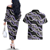 Black Hawaii Palaka Honohono Pikake Couples Matching Off The Shoulder Long Sleeve Dress and Hawaiian Shirt Hawaiian Orchid Lei Polynesian Pattern - Polynesian Pride