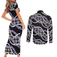 Black Hawaii Palaka Honohono Pikake Couples Matching Short Sleeve Bodycon Dress and Long Sleeve Button Shirt Hawaiian Orchid Lei Polynesian Pattern LT14 - Polynesian Pride