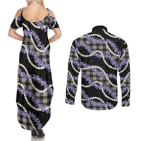 Black Hawaii Palaka Honohono Pikake Couples Matching Summer Maxi Dress and Long Sleeve Button Shirt Hawaiian Orchid Lei Polynesian Pattern LT14 - Polynesian Pride