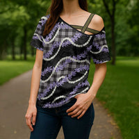 Black Hawaii Palaka Honohono Pikake Cross Shoulder Shirt Hawaiian Orchid Lei Polynesian Pattern - Polynesian Pride