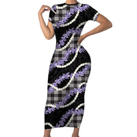 Black Hawaii Palaka Honohono Pikake Short Sleeve Bodycon Dress Hawaiian Orchid Lei Polynesian Pattern LT14 Long Dress Black - Polynesian Pride