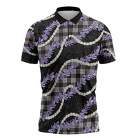 Black Hawaii Palaka Honohono Pikake Zipper Polo Shirt Hawaiian Orchid Lei Polynesian Pattern - Polynesian Pride