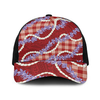 Red Hawaii Palaka Honohono Pikake Baseball Net Cap Hawaiian Orchid Lei Polynesian Pattern - Polynesian Pride