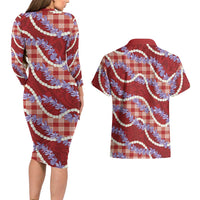 Red Hawaii Palaka Honohono Pikake Couples Matching Long Sleeve Bodycon Dress and Hawaiian Shirt Hawaiian Orchid Lei Polynesian Pattern - Polynesian Pride