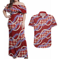 Red Hawaii Palaka Honohono Pikake Couples Matching Off Shoulder Maxi Dress and Hawaiian Shirt Hawaiian Orchid Lei Polynesian Pattern - Polynesian Pride
