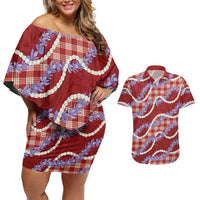 Red Hawaii Palaka Honohono Pikake Couples Matching Off Shoulder Short Dress and Hawaiian Shirt Hawaiian Orchid Lei Polynesian Pattern LT14 Red - Polynesian Pride