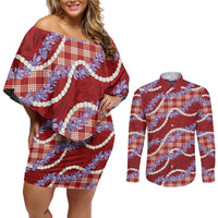 Red Hawaii Palaka Honohono Pikake Couples Matching Off Shoulder Short Dress and Long Sleeve Button Shirt Hawaiian Orchid Lei Polynesian Pattern - Polynesian Pride