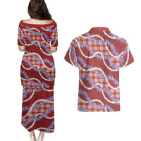 Red Hawaii Palaka Honohono Pikake Couples Matching Puletasi and Hawaiian Shirt Hawaiian Orchid Lei Polynesian Pattern LT14 - Polynesian Pride
