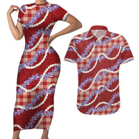 Red Hawaii Palaka Honohono Pikake Couples Matching Short Sleeve Bodycon Dress and Hawaiian Shirt Hawaiian Orchid Lei Polynesian Pattern - Polynesian Pride