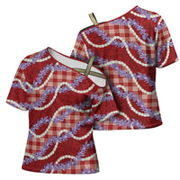 Red Hawaii Palaka Honohono Pikake Cross Shoulder Shirt Hawaiian Orchid Lei Polynesian Pattern - Polynesian Pride