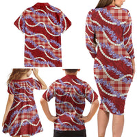 Red Hawaii Palaka Honohono Pikake Family Matching Long Sleeve Bodycon Dress and Hawaiian Shirt Hawaiian Orchid Lei Polynesian Pattern LT14 - Polynesian Pride