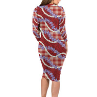 Red Hawaii Palaka Honohono Pikake Family Matching Long Sleeve Bodycon Dress and Hawaiian Shirt Hawaiian Orchid Lei Polynesian Pattern LT14 - Polynesian Pride