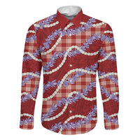 Red Hawaii Palaka Honohono Pikake Family Matching Off The Shoulder Long Sleeve Dress and Hawaiian Shirt Hawaiian Orchid Lei Polynesian Pattern LT14 Dad's Shirt - Long Sleeve Red - Polynesian Pride