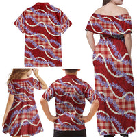 Red Hawaii Palaka Honohono Pikake Family Matching Off Shoulder Maxi Dress and Hawaiian Shirt Hawaiian Orchid Lei Polynesian Pattern - Polynesian Pride
