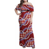 Red Hawaii Palaka Honohono Pikake Family Matching Off Shoulder Maxi Dress and Hawaiian Shirt Hawaiian Orchid Lei Polynesian Pattern - Polynesian Pride