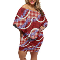 Red Hawaii Palaka Honohono Pikake Family Matching Off Shoulder Short Dress and Hawaiian Shirt Hawaiian Orchid Lei Polynesian Pattern LT14 Red - Polynesian Pride