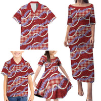 Red Hawaii Palaka Honohono Pikake Family Matching Puletasi and Hawaiian Shirt Hawaiian Orchid Lei Polynesian Pattern - Polynesian Pride