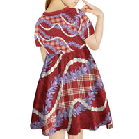 Red Hawaii Palaka Honohono Pikake Kid Short Sleeve Dress Hawaiian Orchid Lei Polynesian Pattern LT14 - Polynesian Pride