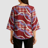 Red Hawaii Palaka Honohono Pikake Kimono Sleeve Blouse Hawaiian Orchid Lei Polynesian Pattern - Polynesian Pride
