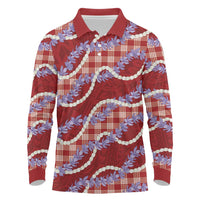 Red Hawaii Palaka Honohono Pikake Long Sleeve Polo Shirt Hawaiian Orchid Lei Polynesian Pattern - Polynesian Pride